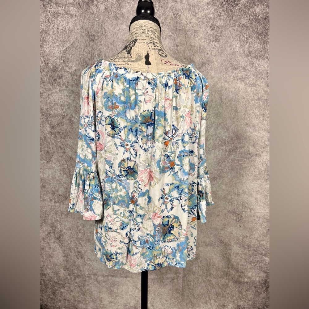 Karen Kane USA Boho Chic Blue & Pink Floral Bell Sleeve Tunic Top Size M - Picture 4 of 8